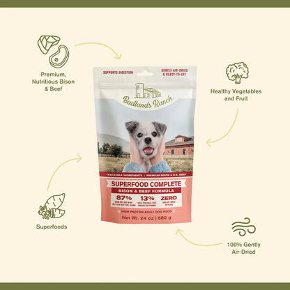 Features of Badlands Ranch Superfood Complete Air-Dried Dog Food Bison & Beef 24-oz