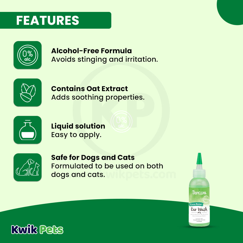 Features of TropiClean Alcohol Free Ear Wash for Dogs & Cats 4-oz
