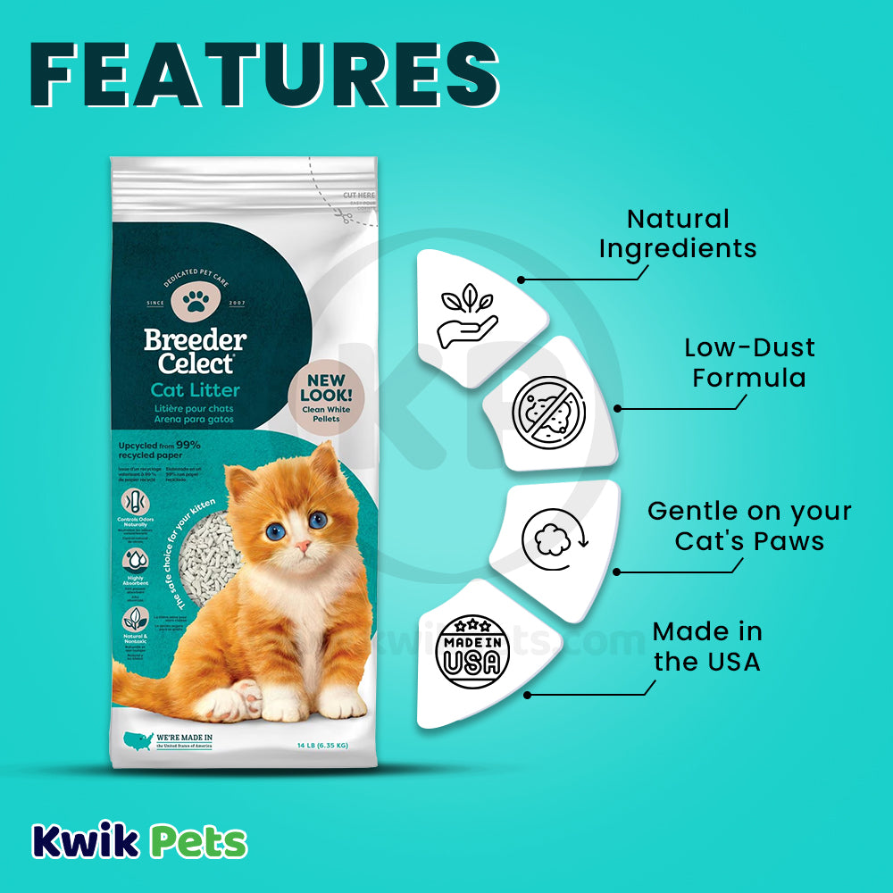 Features of Breeder Celect Recycled Paper Cat Litter 14-lb