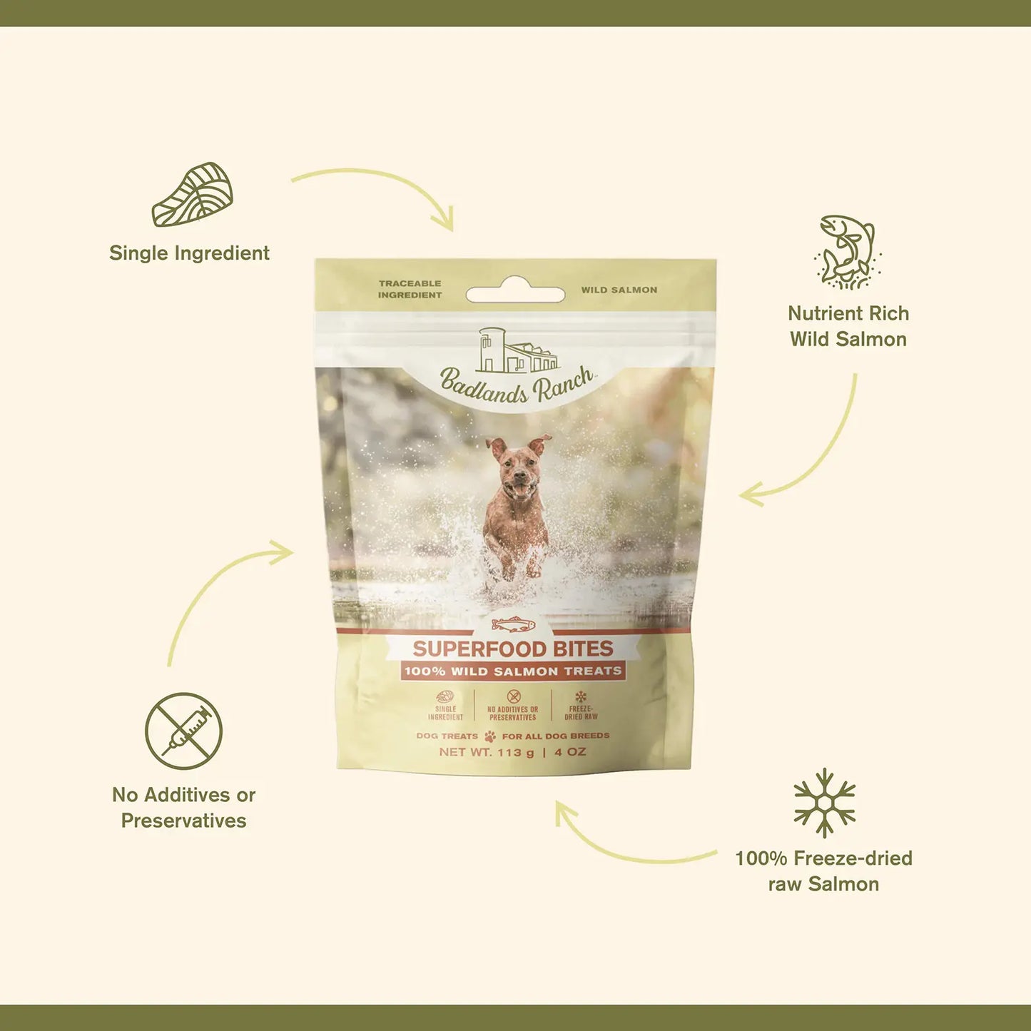 Features of Badlands Ranch Superfood Bites Freeze-Dried Raw Dog Treats Wild Salmon 4-oz