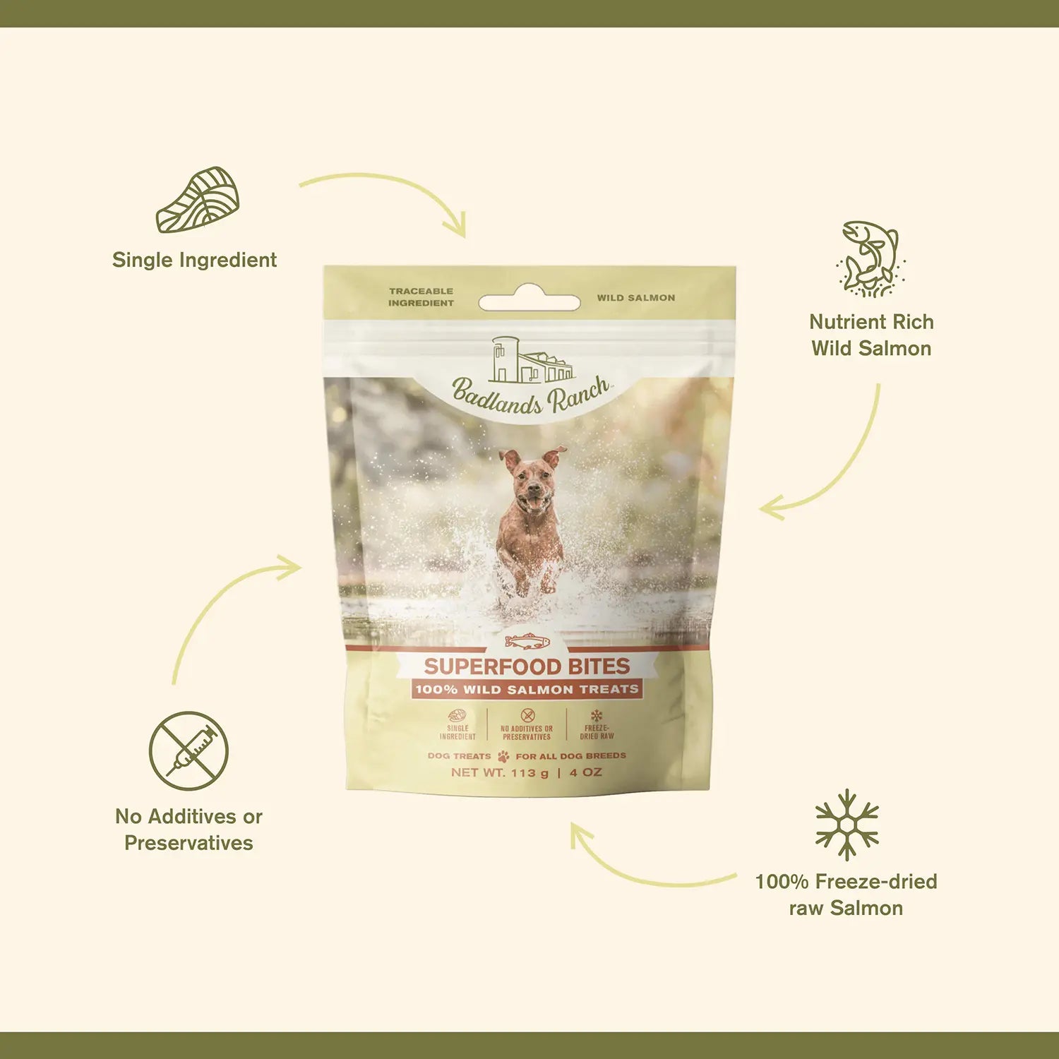 Features of Badlands Ranch Superfood Bites Freeze-Dried Raw Dog Treats Wild Salmon 4-oz