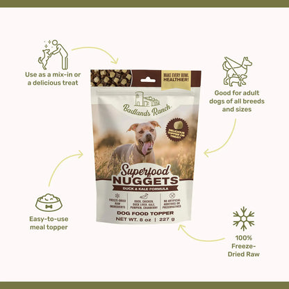 Features of Badlands Ranch Superfood Nuggets Freeze-Dried Raw Dog Treats Duck & Kale 8-oz