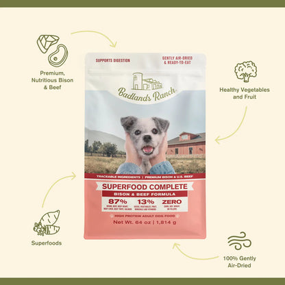 Features of Badlands Ranch Superfood Complete Air-Dried Dog Food Bison & Beef 64-oz