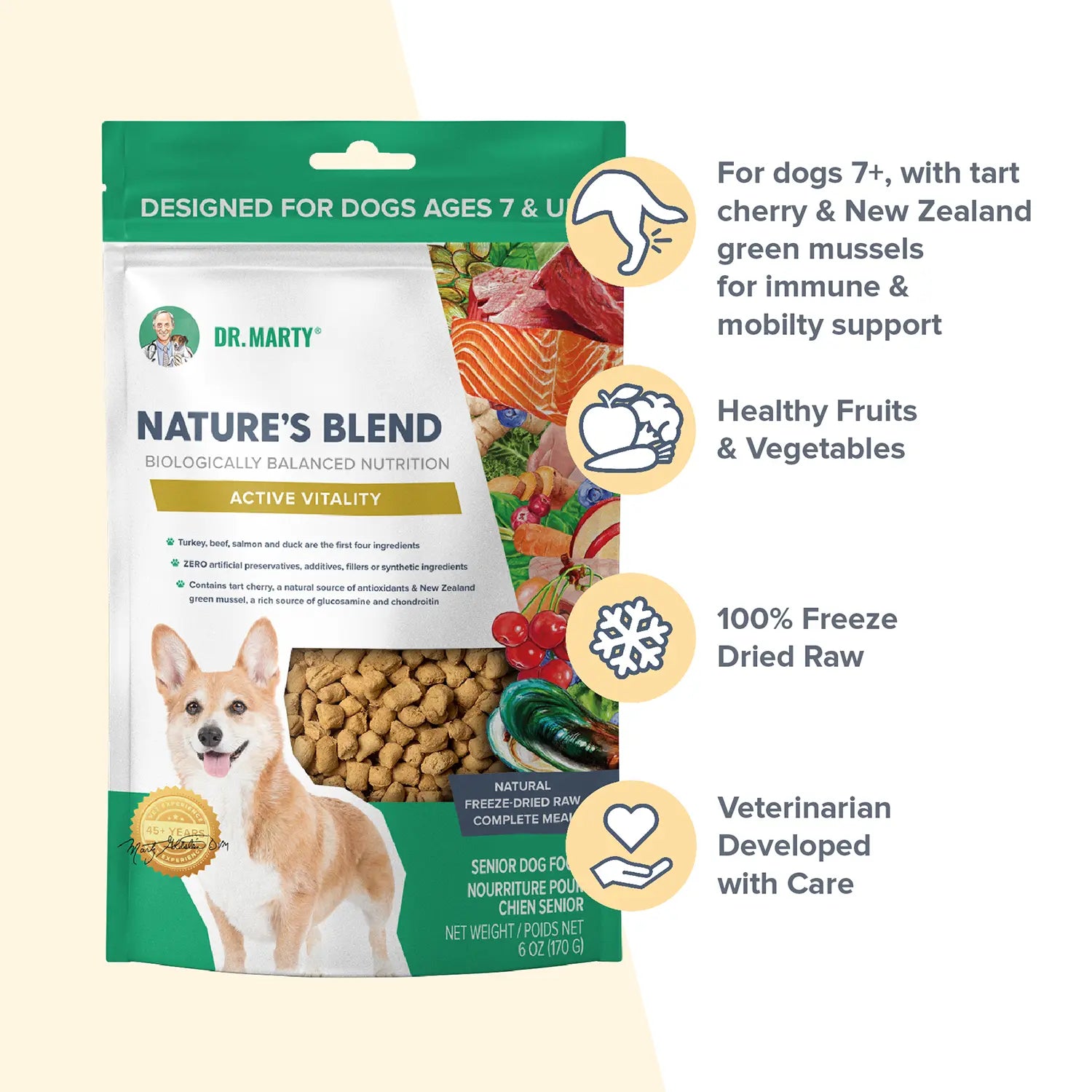 Features of Dr. Marty Nature's Blend Active Vitality Freeze-Dried Raw Senior Dog Food 6-oz
