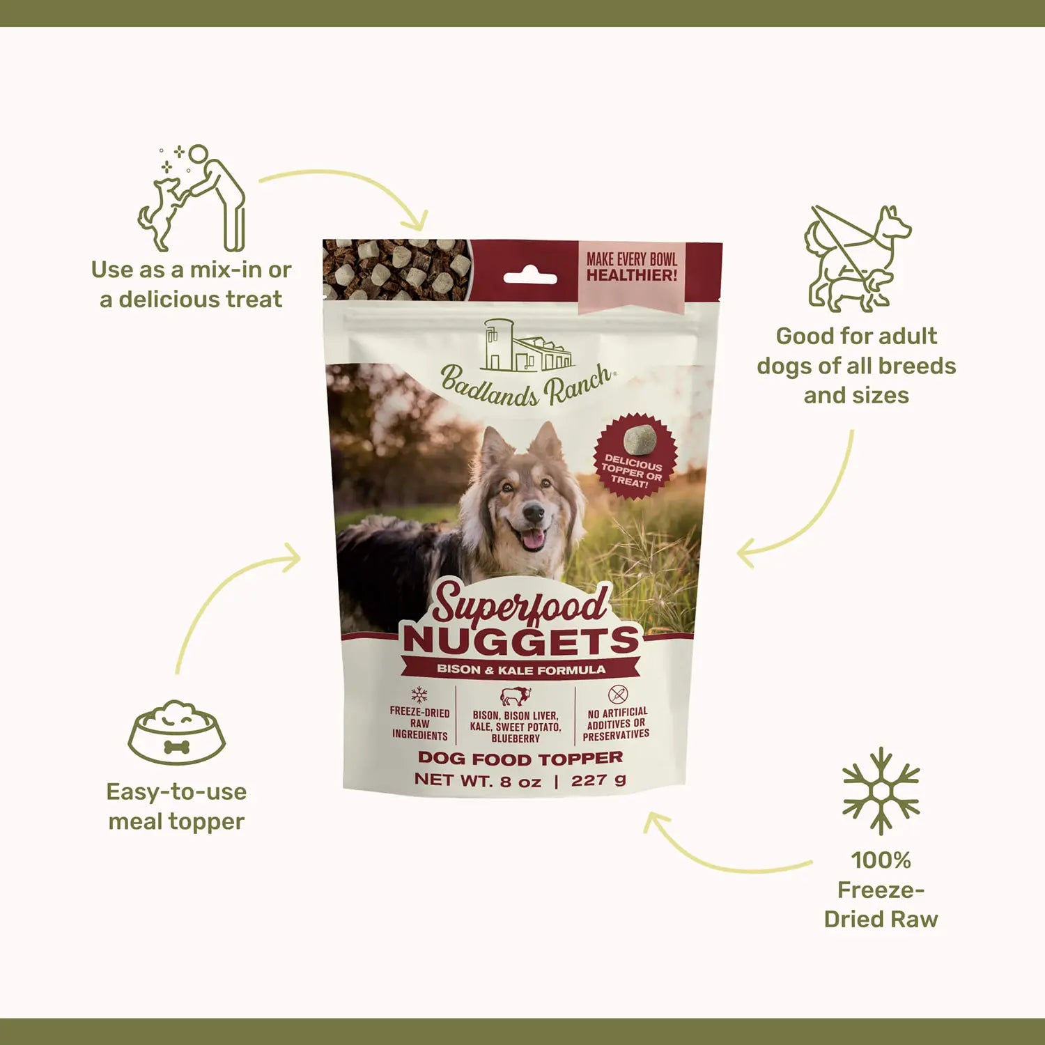 Features of Badlands Ranch Superfood Nuggets Freeze-Dried Raw Dog Treats Bison & Kale 8-oz