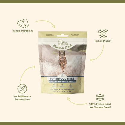 Features of Badlands Ranch Superfood Bites Freeze-Dried Raw Dog Treats Chicken Breast 4-oz