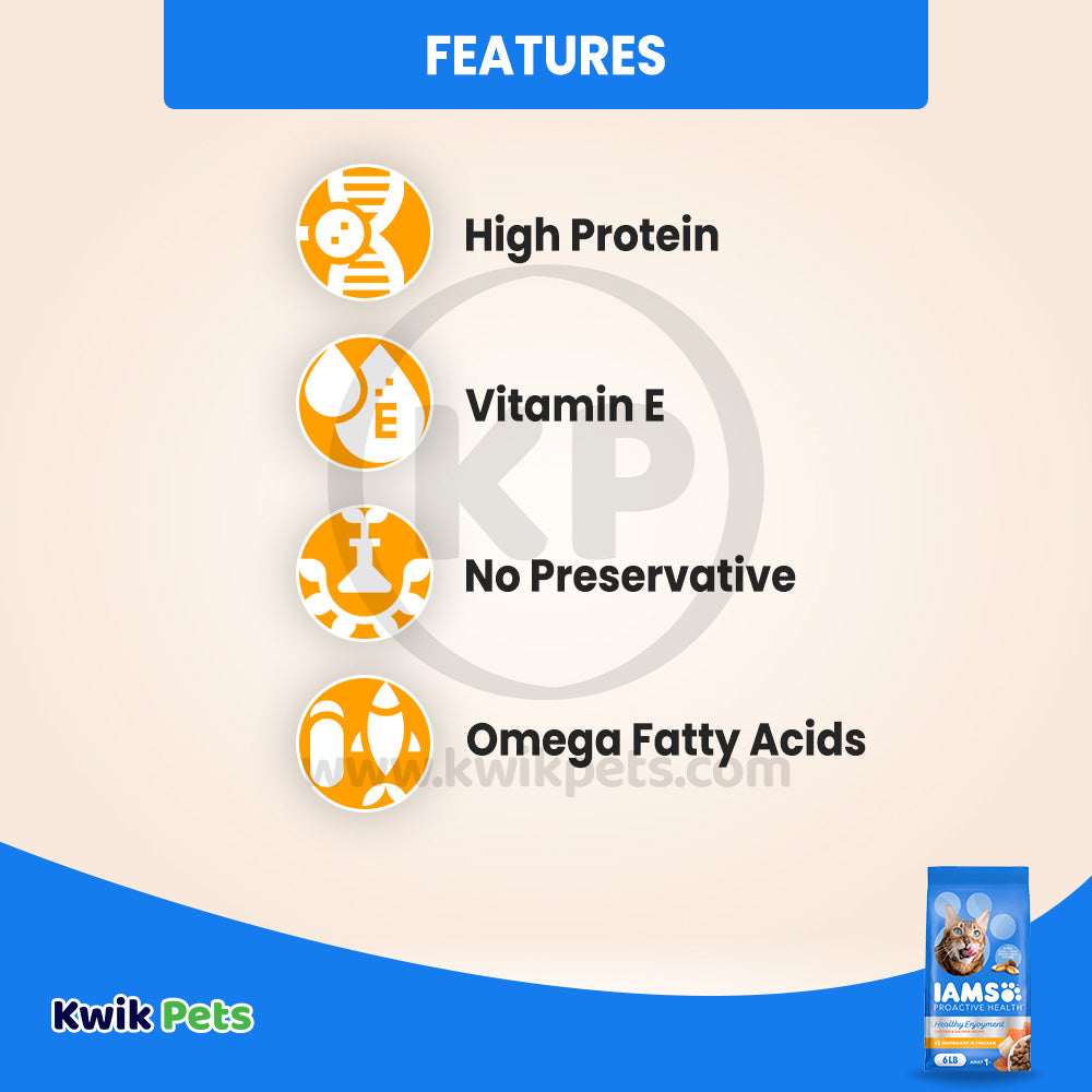 Features of IAMS ProActive Health Healthy Enjoyment Adult Dry Cat Food Chicken & Salmon 6-lb