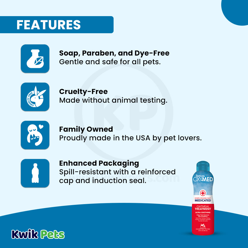 Features of TropiClean OxyMed Medicated Oatmeal Treatment Pet Rinse for Dogs & Cats 20-oz