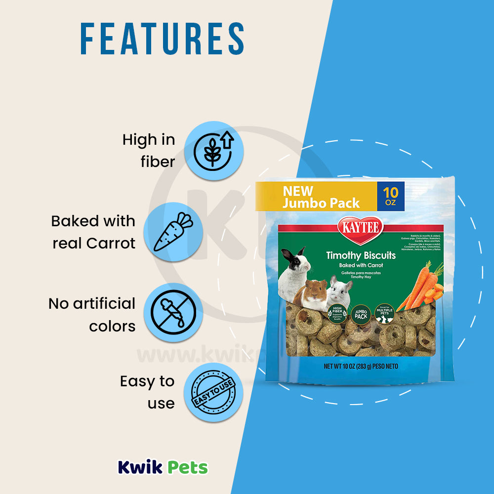 Features of Kaytee Timothy Biscuits Baked with Carrot Small Animal Treats 10-oz