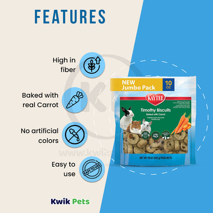 Features of Kaytee Timothy Biscuits Baked with Carrot Small Animal Treats 10-oz