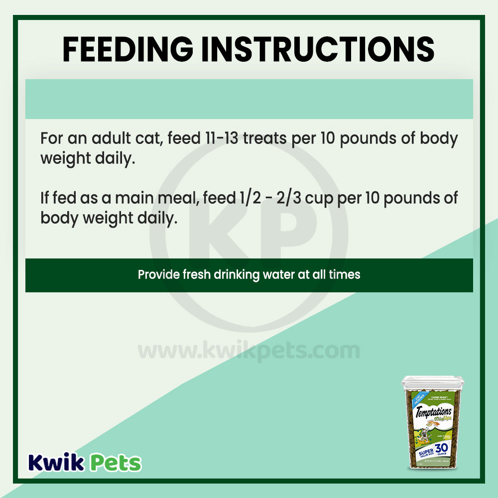 Feeding Instructions of Temptations MixUps Crunchy & Soft Adult Cat Treats Catnip Fever 30-oz