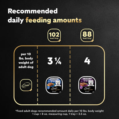 Feeding Chart of Cesar Loaf & Topper in Sauce Adult Wet Dog Food Variety Pack Rotisserie Chicken, Filet Mignon 12 Count 3.5-oz