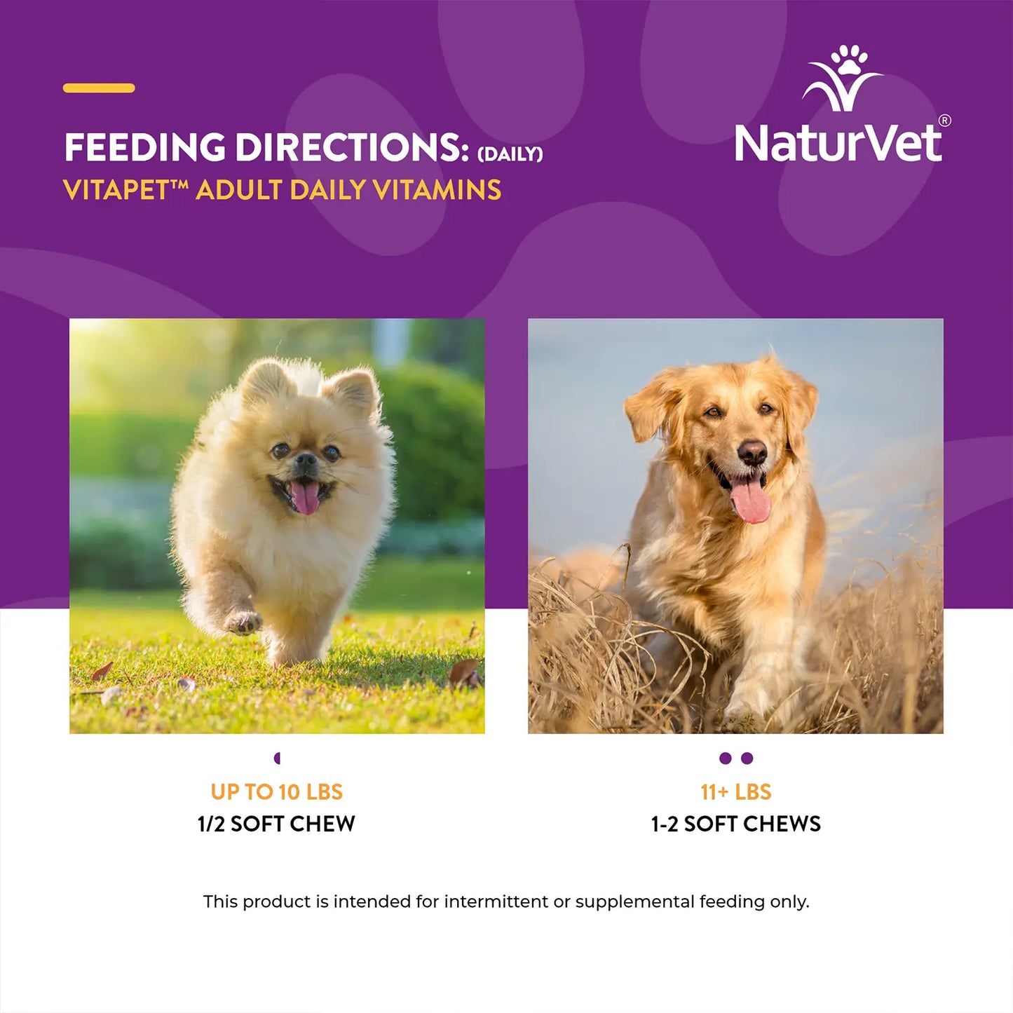 Feeding Directions of NaturVet VitaPet Adult Daily Vitamins Plus Breath Aid Soft Chews for Dogs 60 Count 6.3-oz