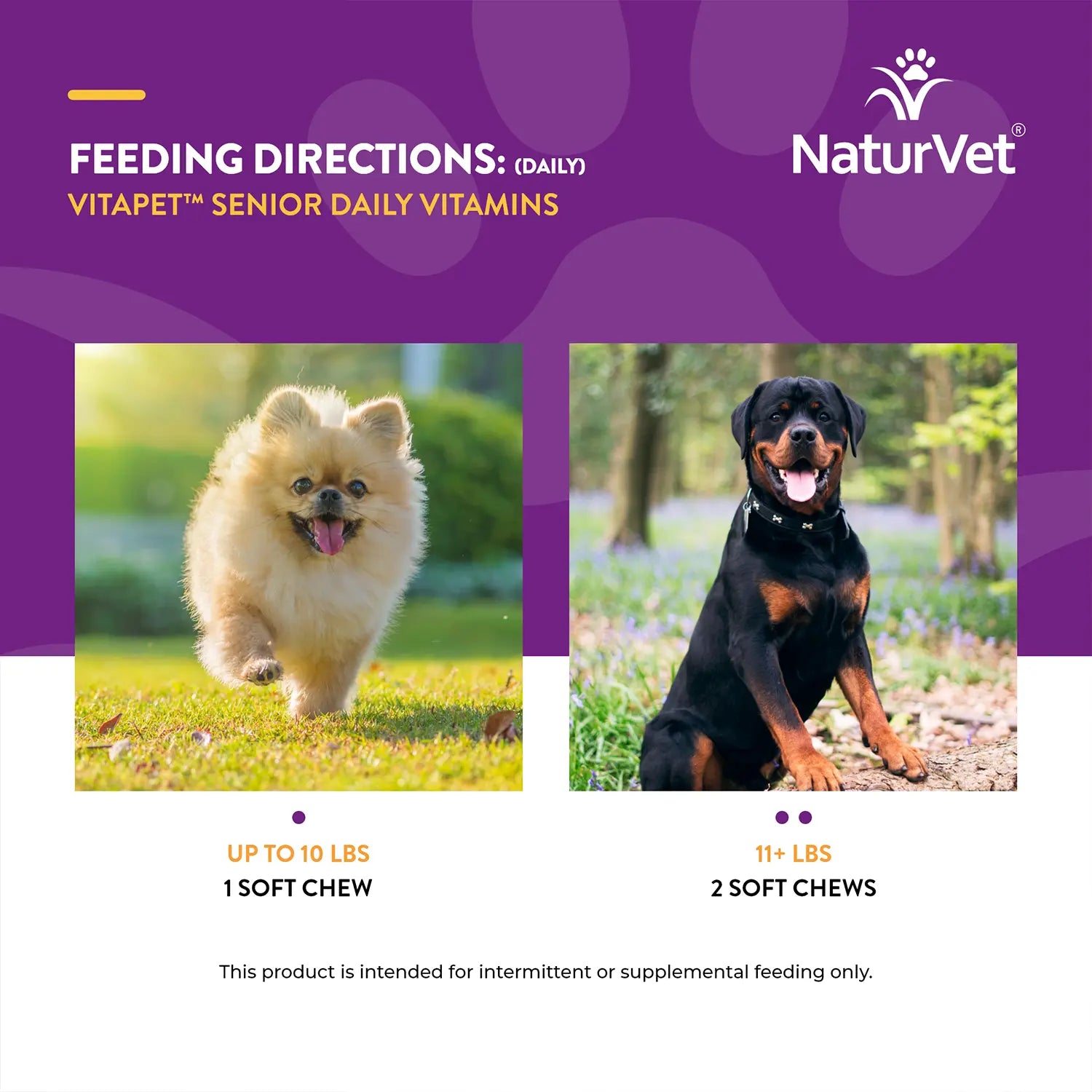 Feeding Instructions of NaturVet VitaPet Senior Daily Vitamins Plus Glucosamine Soft Chews for Dogs 60 Count 6.3-oz