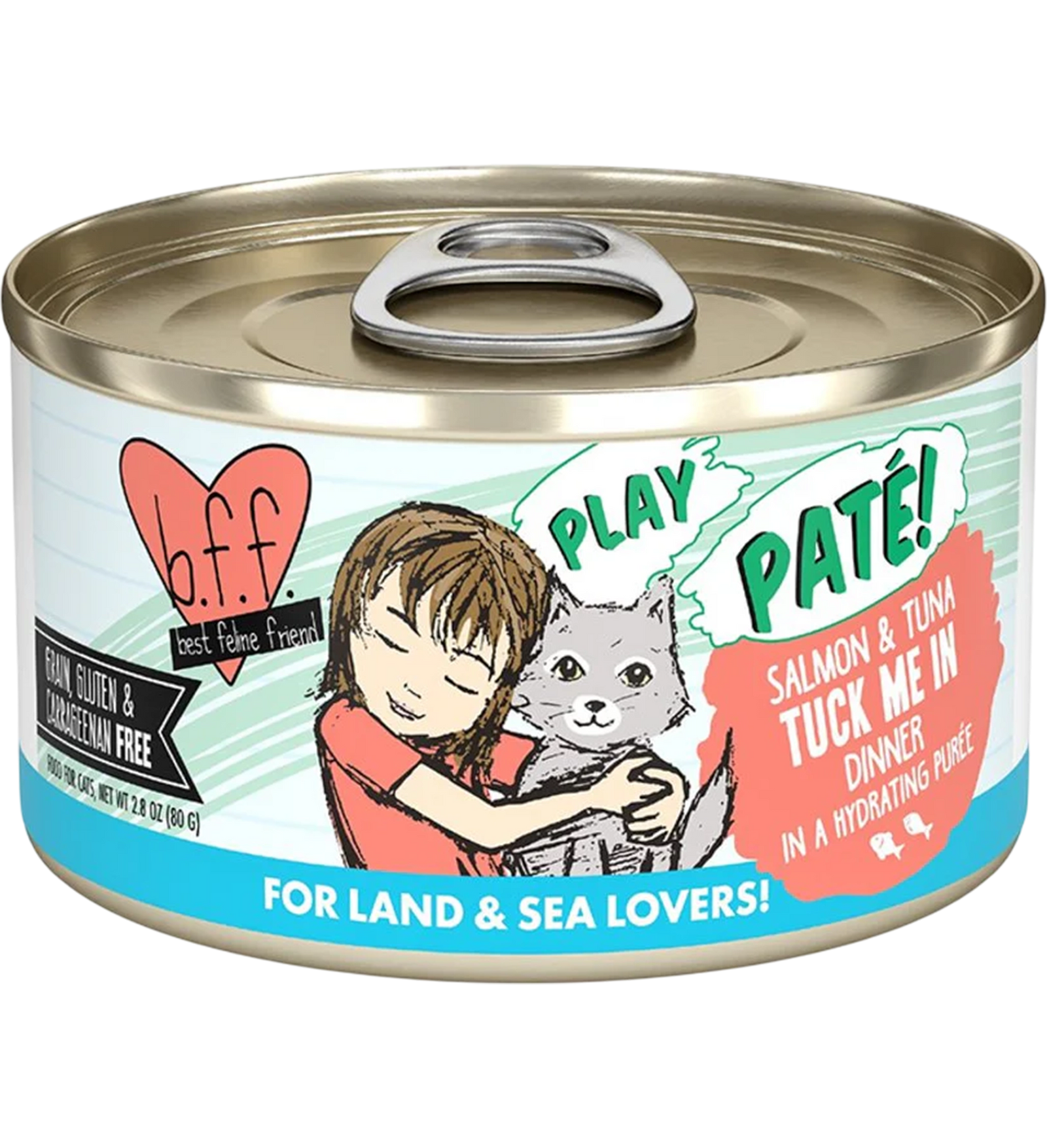 Front of Weruva B.F.F. PLAY Paté Salmon & Tuna Tuck Me In Dinner in a Hydrating Purée Wet Cat Food 2.8-oz