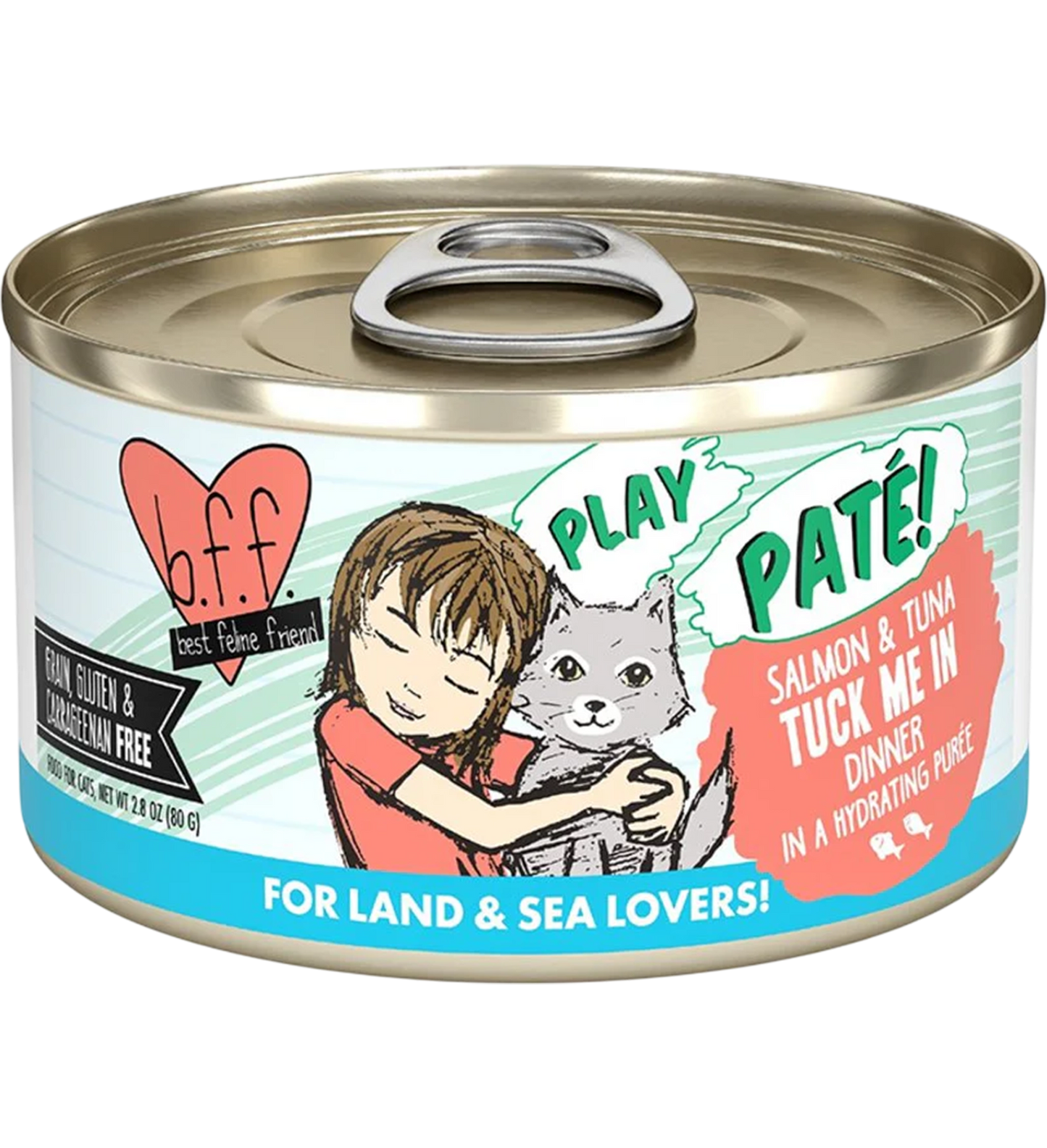 Front of Weruva B.F.F. PLAY Paté Salmon & Tuna Tuck Me In Dinner in a Hydrating Purée Wet Cat Food 2.8-oz