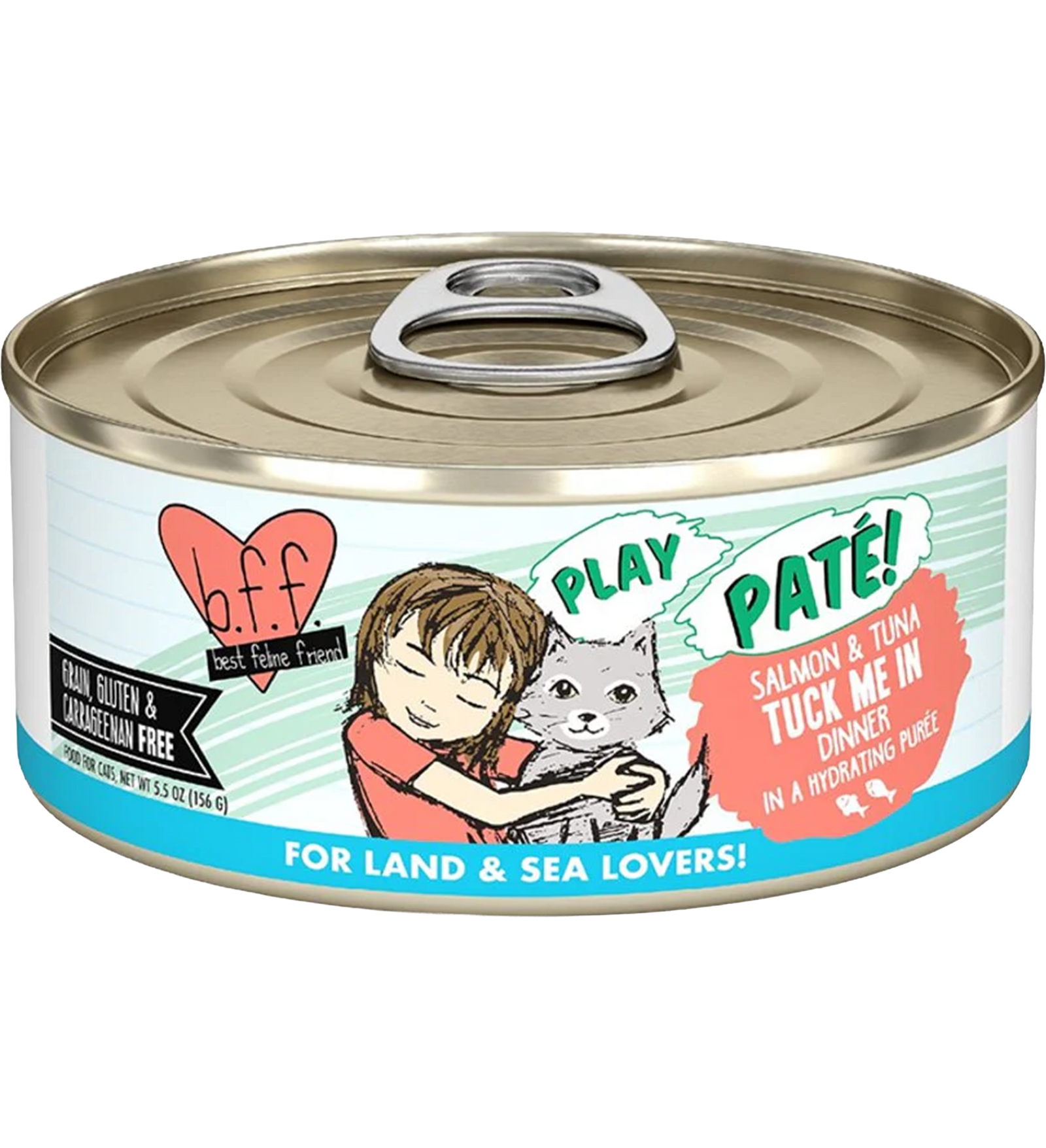 Front of Weruva B.F.F. PLAY Paté Salmon & Tuna Tuck Me In Dinner in a Hydrating Purée Wet Cat Food 5.5-oz