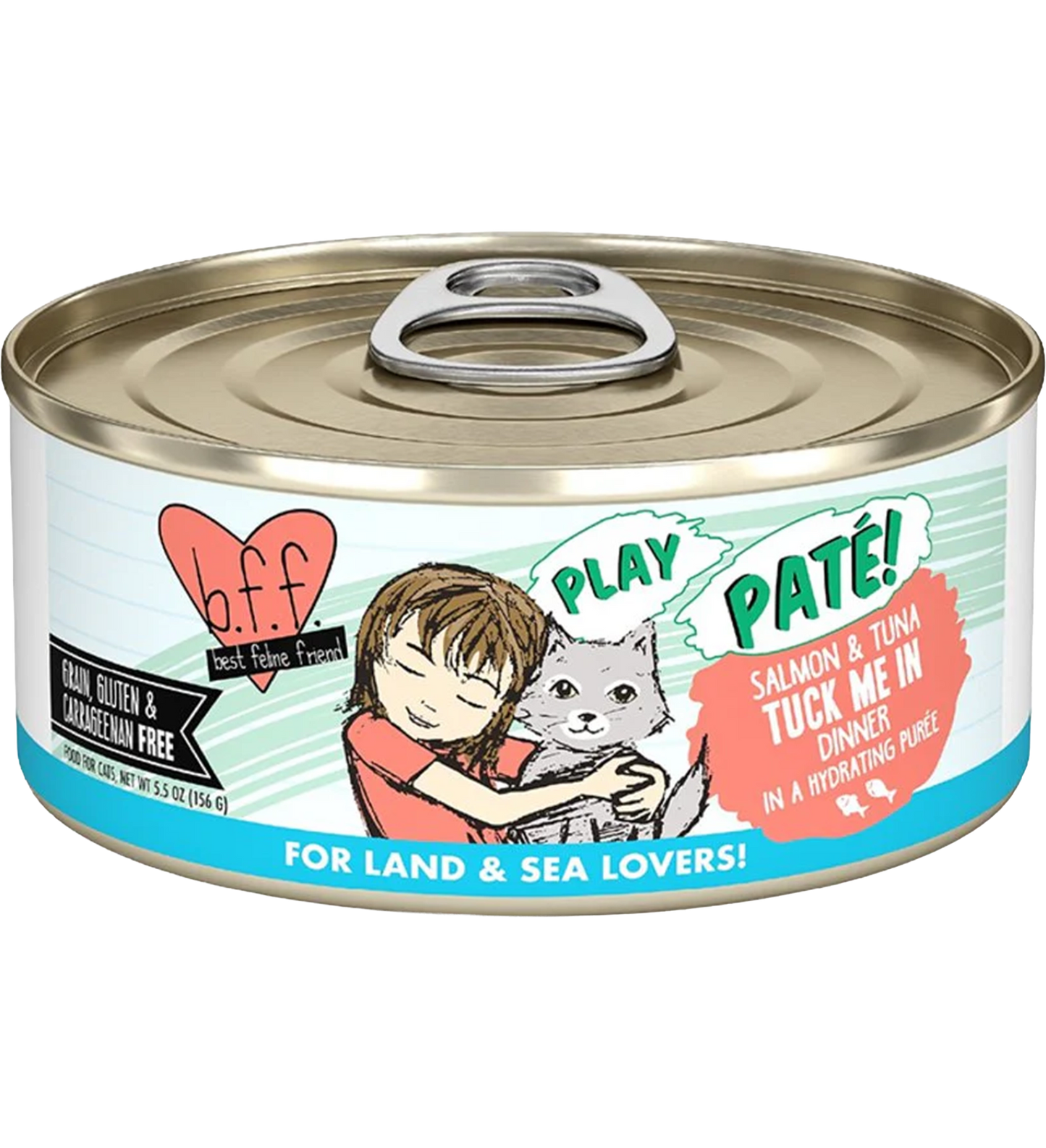 Front of Weruva B.F.F. PLAY Paté Salmon & Tuna Tuck Me In Dinner in a Hydrating Purée Wet Cat Food 5.5-oz