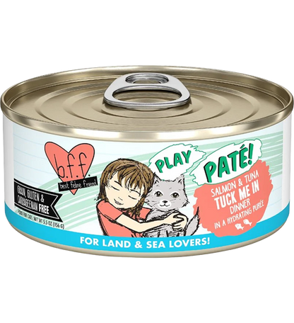 Front of Weruva B.F.F. PLAY Paté Salmon & Tuna Tuck Me In Dinner in a Hydrating Purée Wet Cat Food 5.5-oz