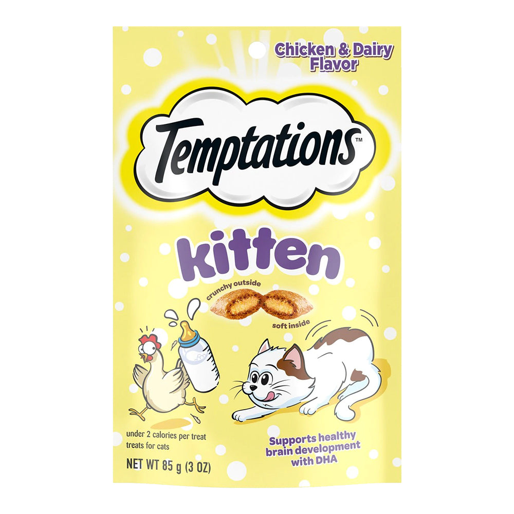 Front of Temptations Kitten Cat Treat Chicken & Dairy 3-oz