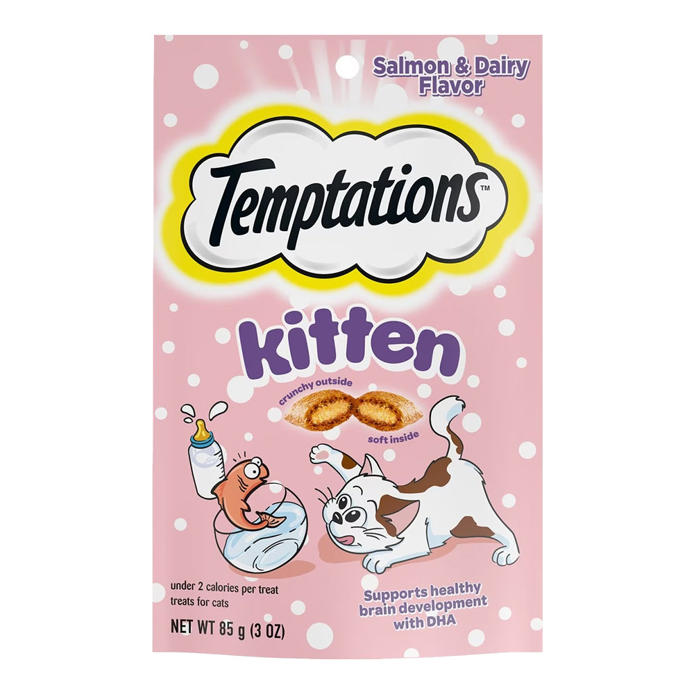 Front of Temptations Kitten Cat Treat Salmon & Dairy 3-oz