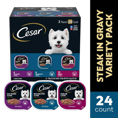 Front 2 of Cesar Filets in Gravy Adult Wet Dog Food Variety Pack Prime Rib, Filet Mignon, New York Strip 24 Count 3.5-oz
