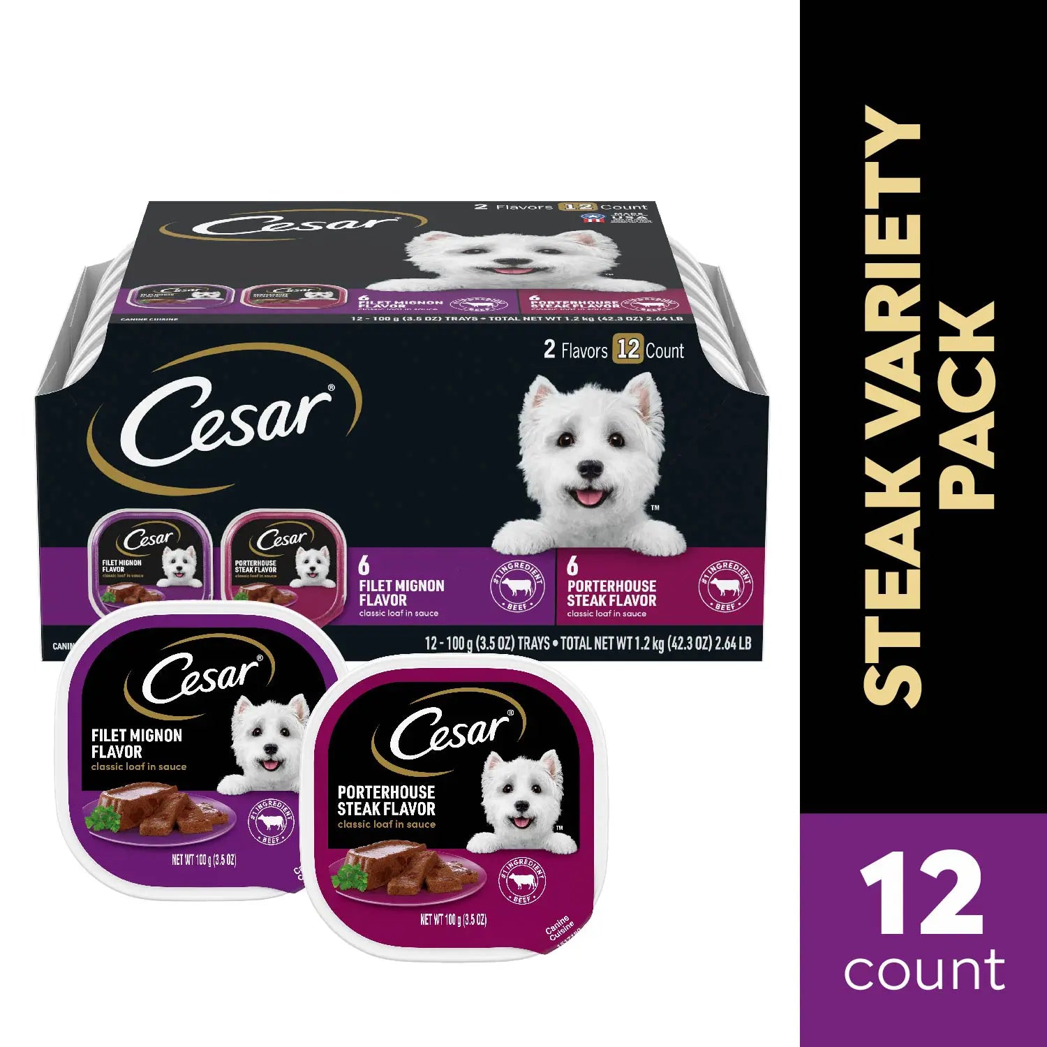Front 1 of Cesar Classic Loaf in Sauce Adult Wet Dog Food Variety Pack Filet Mignon & Porterhouse Steak 12 Count 42.3-oz