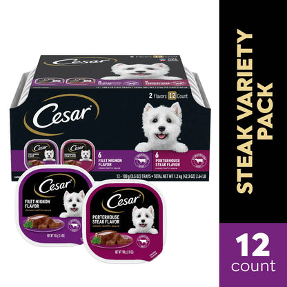 Front 1 of Cesar Classic Loaf in Sauce Adult Wet Dog Food Variety Pack Filet Mignon & Porterhouse Steak 12 Count 42.3-oz