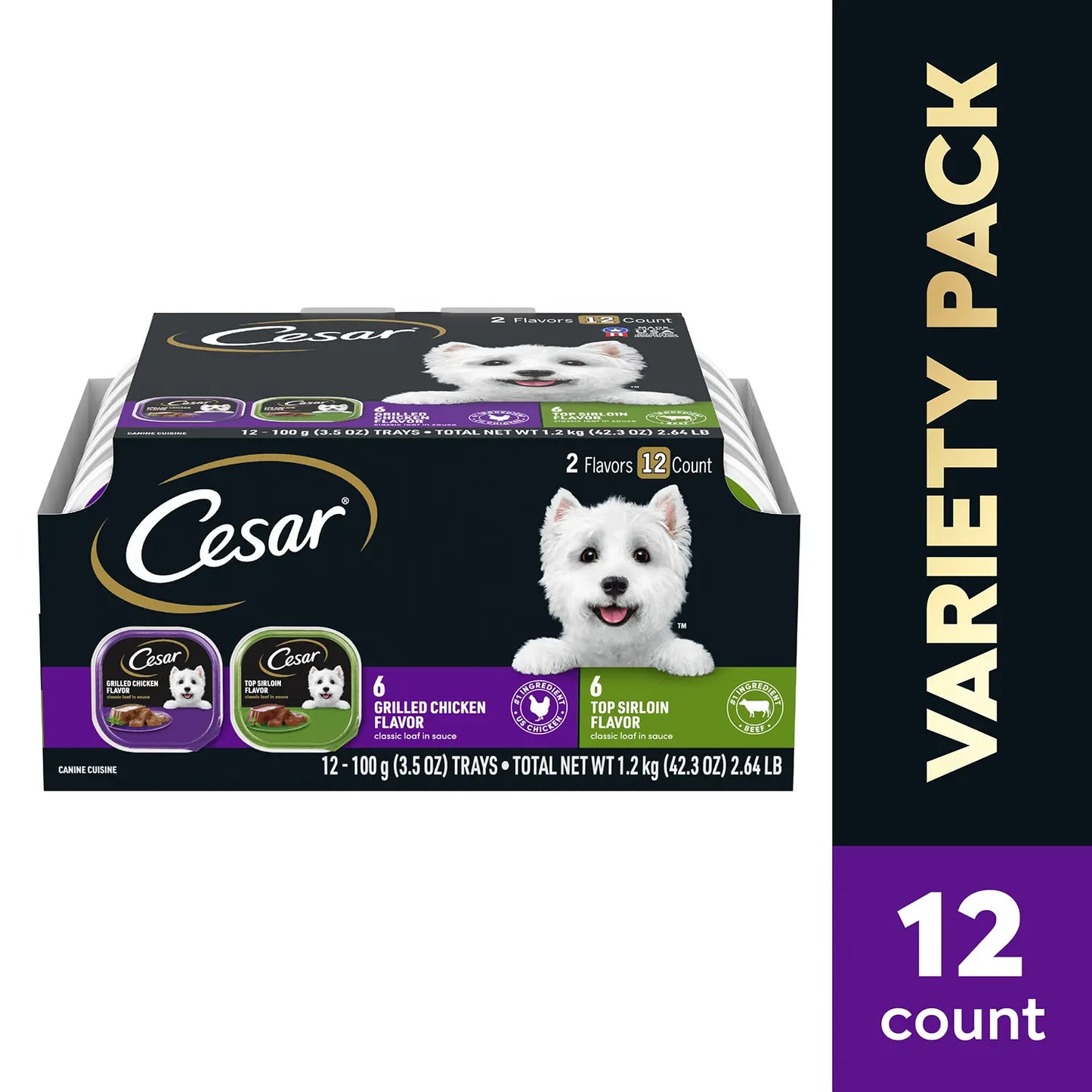 Front 2 of Cesar Classic Loaf in Sauce Adult Wet Dog Food Variety Pack Grilled Chicken & Top Serloin 12 Count 42.3-oz