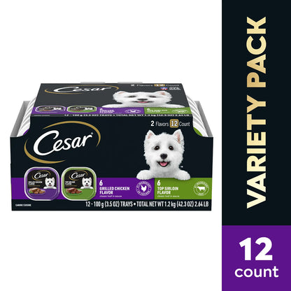 Front 2 of Cesar Classic Loaf in Sauce Adult Wet Dog Food Variety Pack Grilled Chicken & Top Serloin 12 Count 42.3-oz