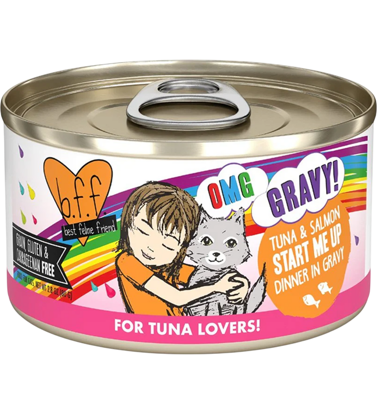 Front of Weruva B.F.F. OMG Tuna & Salmon Start Me Up Dinner in Gravy Wet Cat Food 2.8-oz