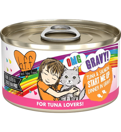 Front of Weruva B.F.F. OMG Tuna & Salmon Start Me Up Dinner in Gravy Wet Cat Food 2.8-oz