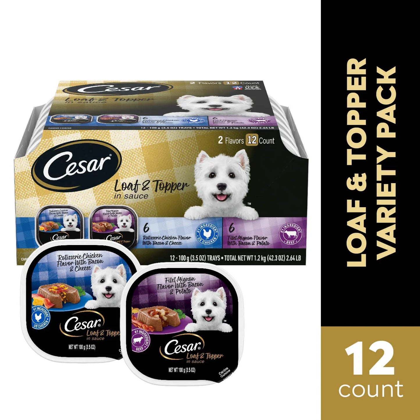 Front 2 of Cesar Loaf & Topper in Sauce Adult Wet Dog Food Variety Pack Rotisserie Chicken, Filet Mignon 12 Count 3.5-oz