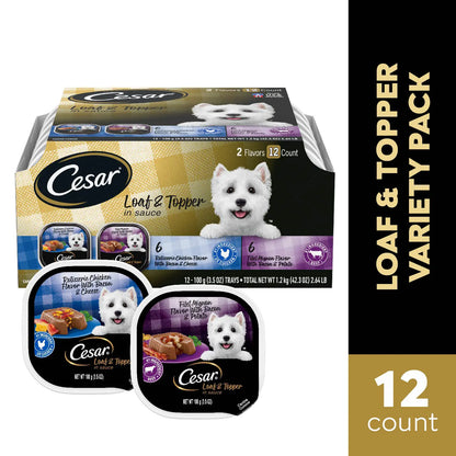 Front 2 of Cesar Loaf & Topper in Sauce Adult Wet Dog Food Variety Pack Rotisserie Chicken, Filet Mignon 12 Count 3.5-oz