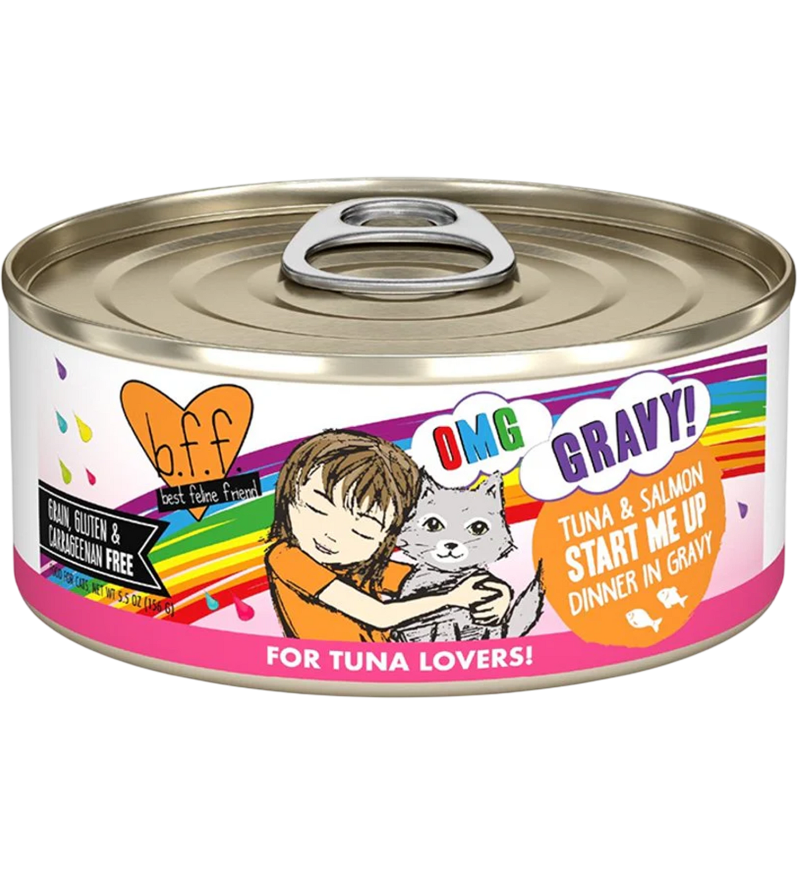 Front of Weruva B.F.F. OMG Tuna & Salmon Start Me Up Dinner in Gravy Wet Cat Food 5.5-oz