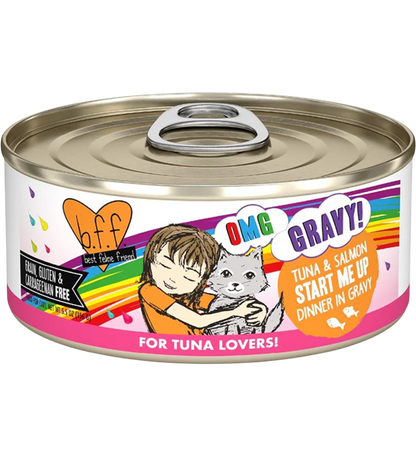 Front of Weruva B.F.F. OMG Tuna & Salmon Start Me Up Dinner in Gravy Wet Cat Food 5.5-oz