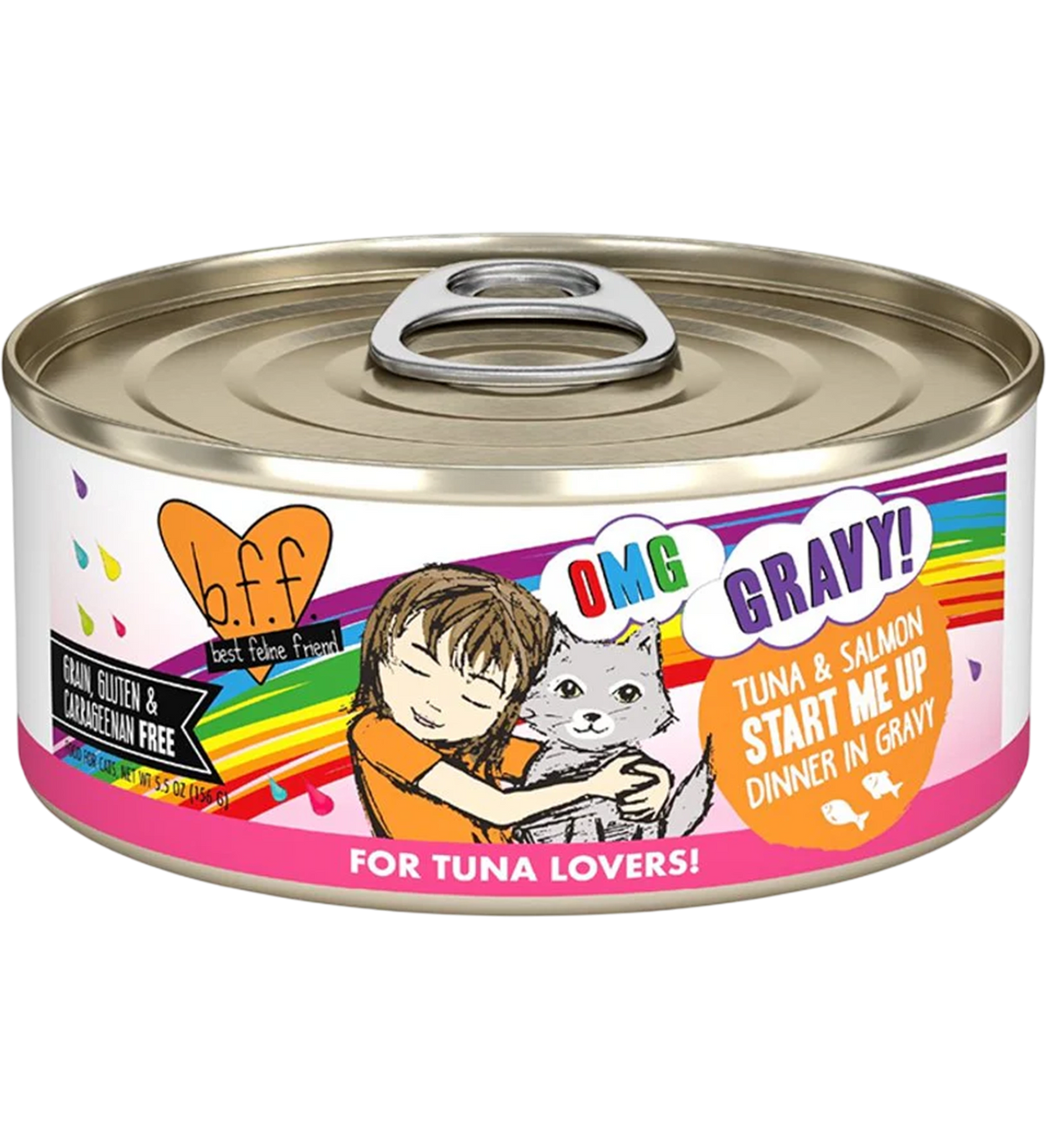 Front of Weruva B.F.F. OMG Tuna & Salmon Start Me Up Dinner in Gravy Wet Cat Food 5.5-oz