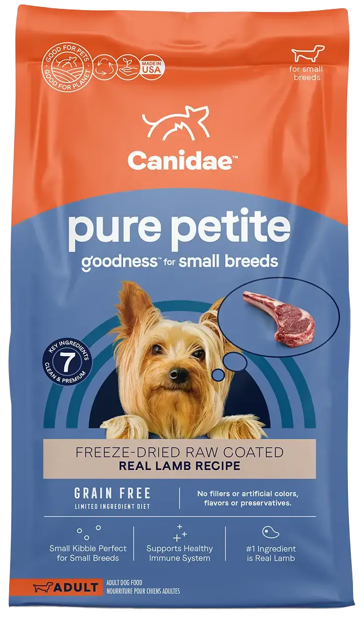 Front of CANIDAE PURE Petite Goodness for Small Breed Freeze-Dried Raw Coated Adult Dry Dog Food Lamb 4-lb