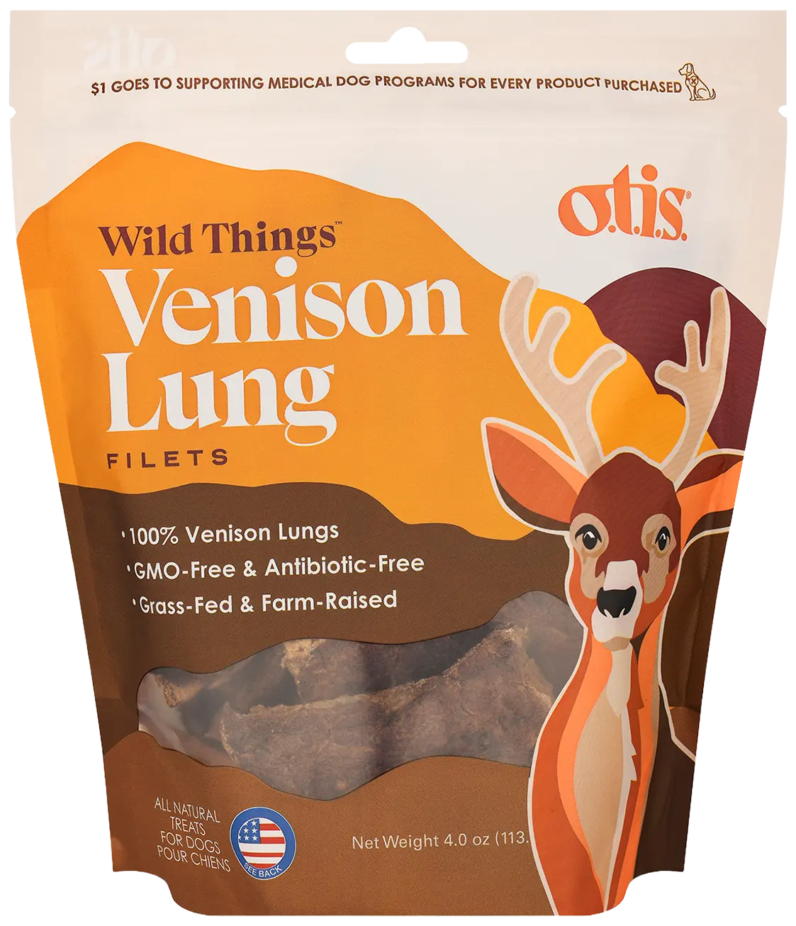 Front of O.T.I.S. Wild Things Dog Treat Filets Venison Lung 4-oz