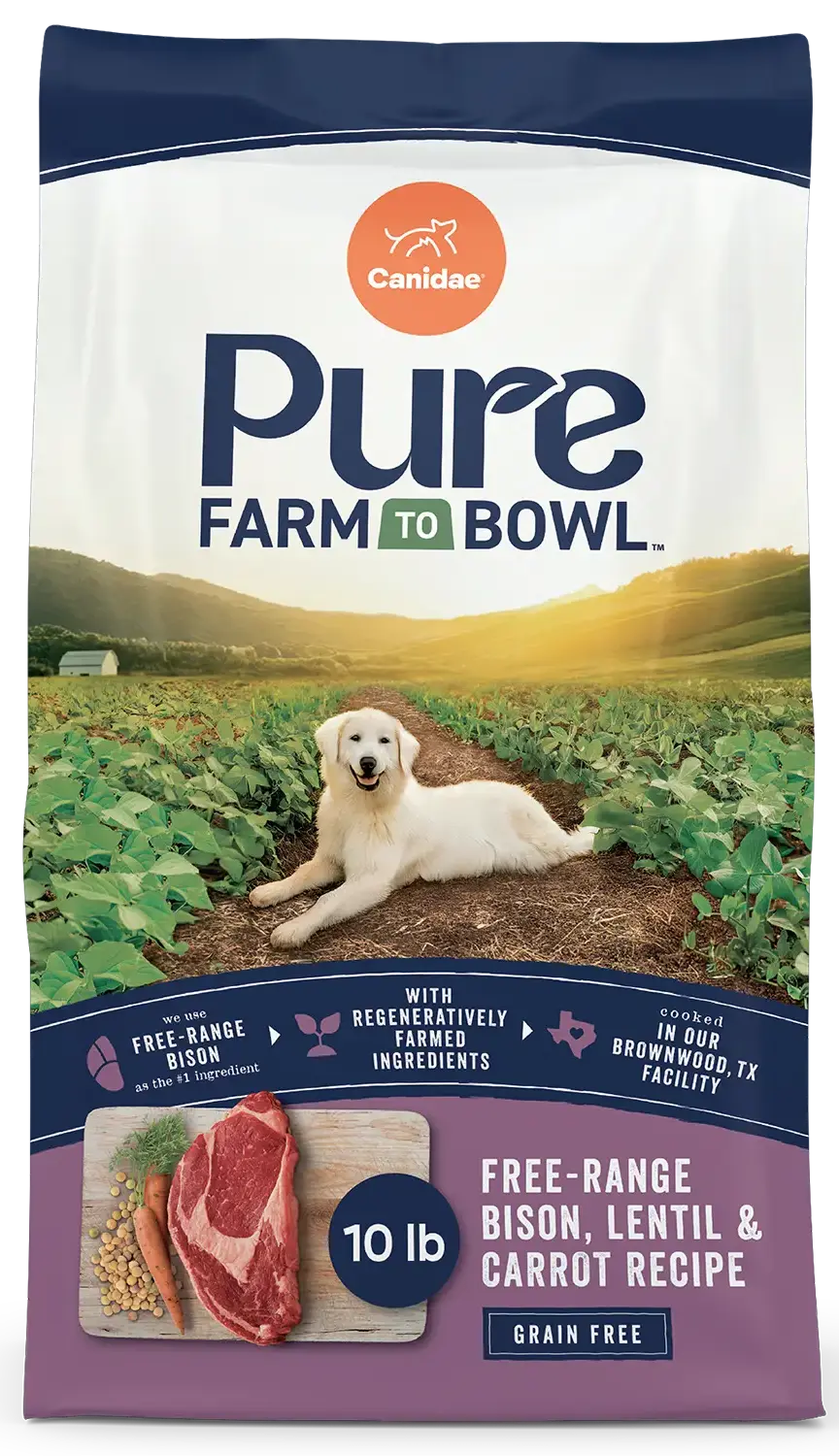 Front of Canidae Pure Goodness Grain-Free Limited Ingredient Adult Dry Dog Food Real Bison, Lentil & Carrot Recipe 10-lb