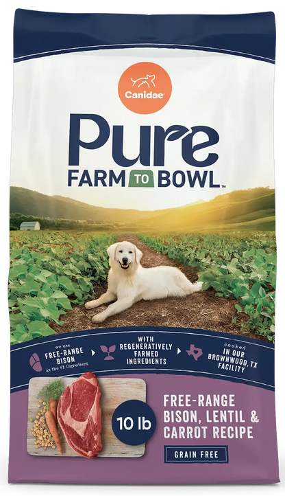 Front of Canidae Pure Goodness Grain-Free Limited Ingredient Adult Dry Dog Food Real Bison, Lentil & Carrot Recipe 10-lb