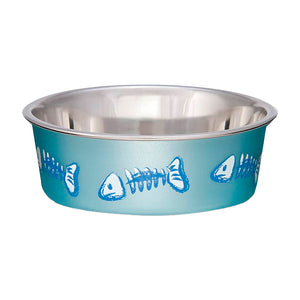 Front of Loving Pets Bella Designer Fish Skeleton Cat Bowl Metallic Ocean Blue X-Small