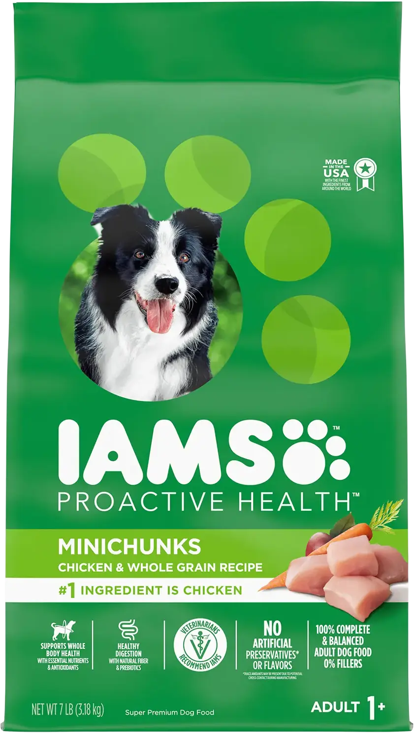 Front of IAMS Minichunks Small Kibble High Protein Adult Dry Dog Food Real Chicken 7-lb