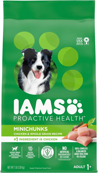 Front of IAMS Minichunks Small Kibble High Protein Adult Dry Dog Food Real Chicken 7-lb