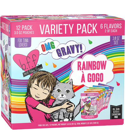 Front of Weruva B.F.F. OMG Rainbow À Gogo Variety Pack Wet Cat Food 3-oz Pouches 12 Count 