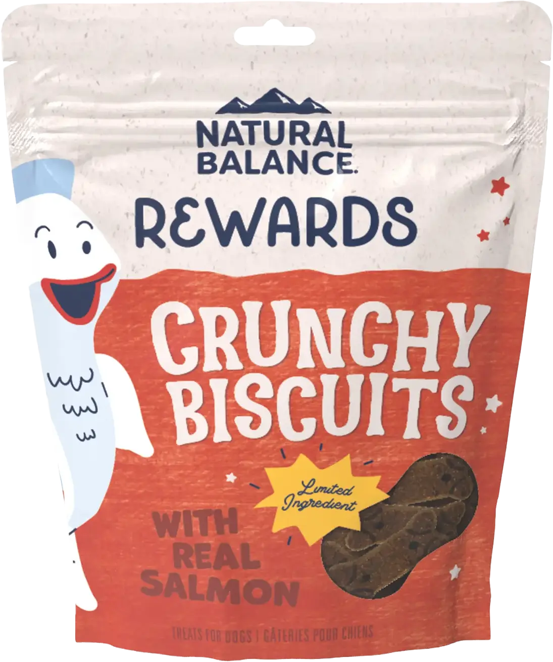 Front of Natural Balance Pet Foods Rewards Crunchy Biscuits Dog Treats Salmon 14-oz
