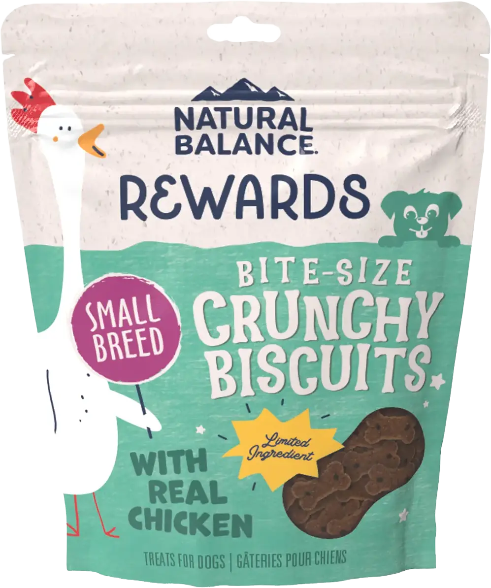 Front of Natural Balance Pet Foods Rewards Bite-Size Crunchy Biscuits Small Breed Dog Treats Chicken 8-oz