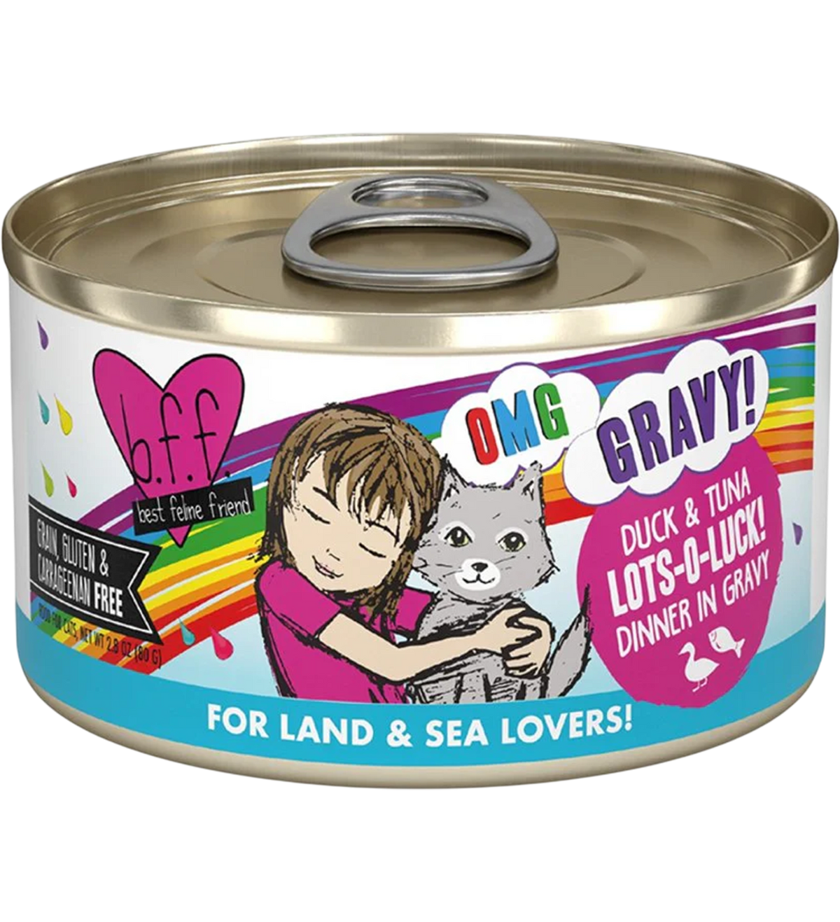 Front of Weruva B.F.F. OMG Duck & Tuna Lots-O-Luck! Dinner in Gravy Wet Cat Food 2.8-oz