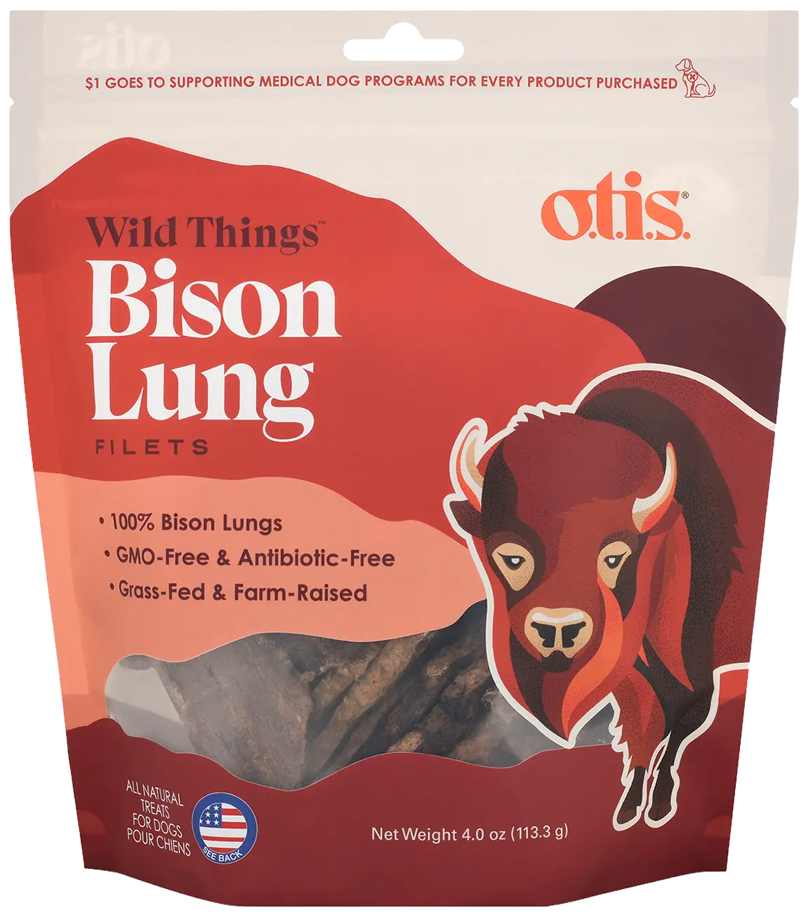 Front of O.T.I.S. Wild Things Dog Treat Filets Bison Lung 4-oz