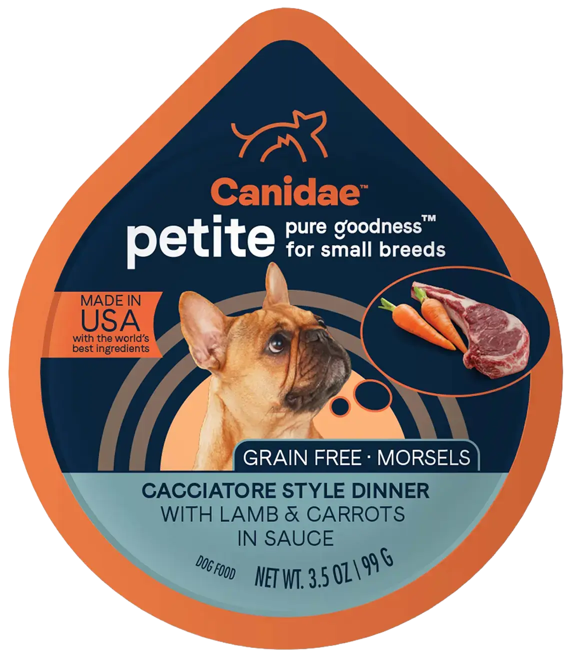 Front of CANIDAE PURE Petite Goodness for Small Breed Grain-Free Morsels Canned Dog Food Lamb & Carrots 3.5-oz